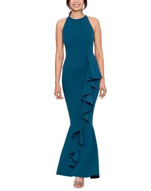 Betsy & Adam Blue Evening Gown Ruffled Halter Long Formal Mermaid Dress Size 6
